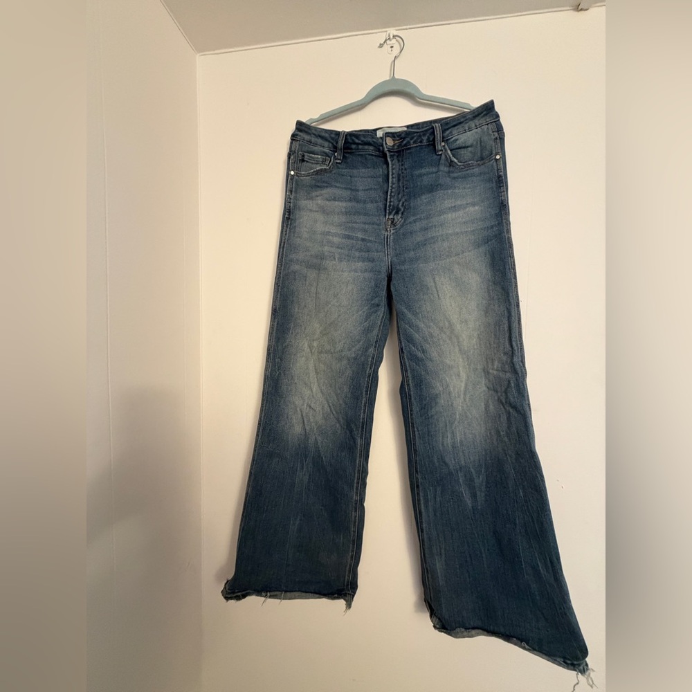 Risen Wide‎ Leg Jeans Womens 13 Blue Distressed Raw Hem Mid Rise RDP5353